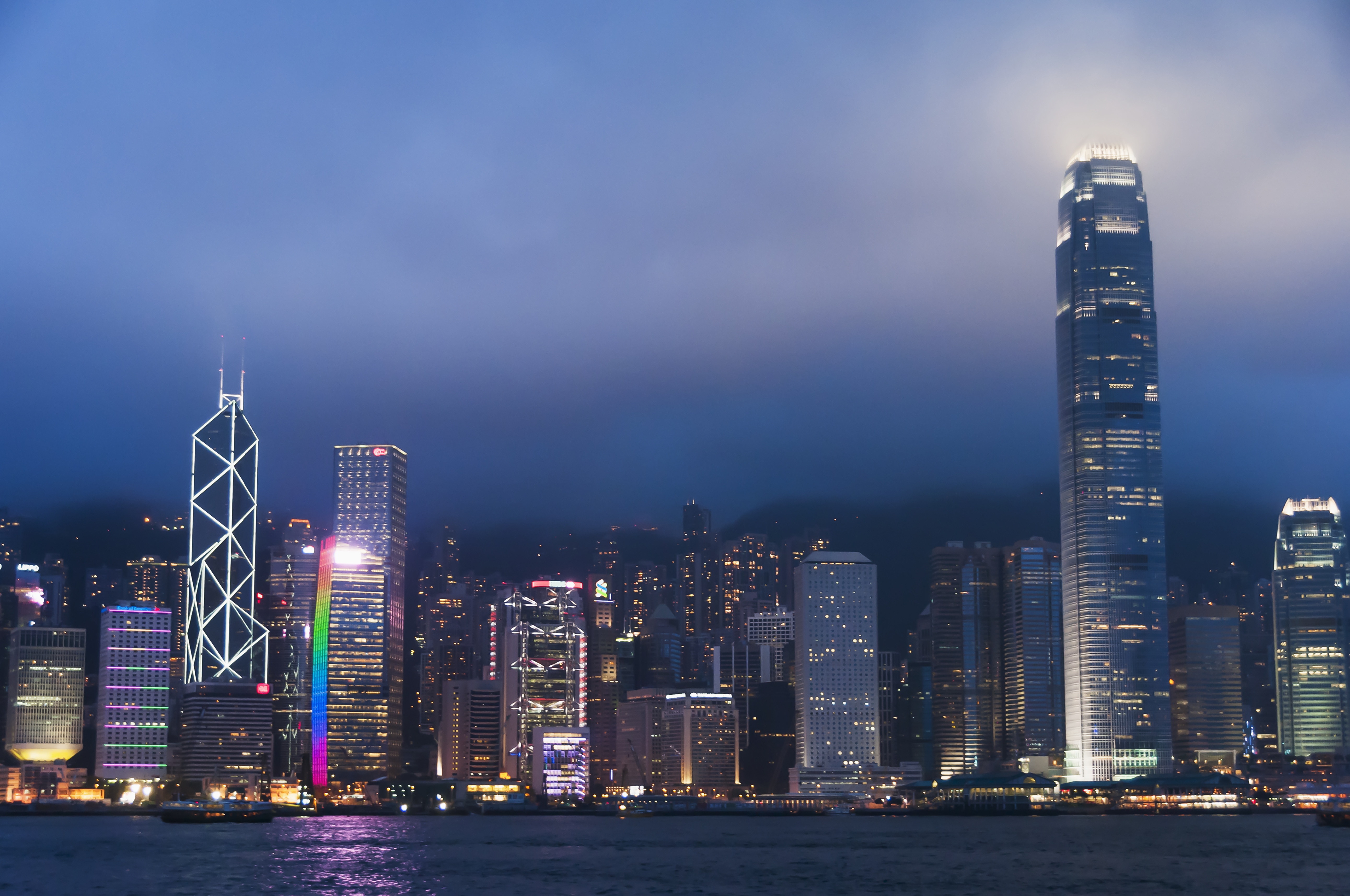 Hong Kong Island's Skyline at Night, Bank of China Building and The World Trade Centre. Hong Kong, China. (Photo by: Luis Martinez/Design Pics Editorial/Universal Images Group via Getty Images)