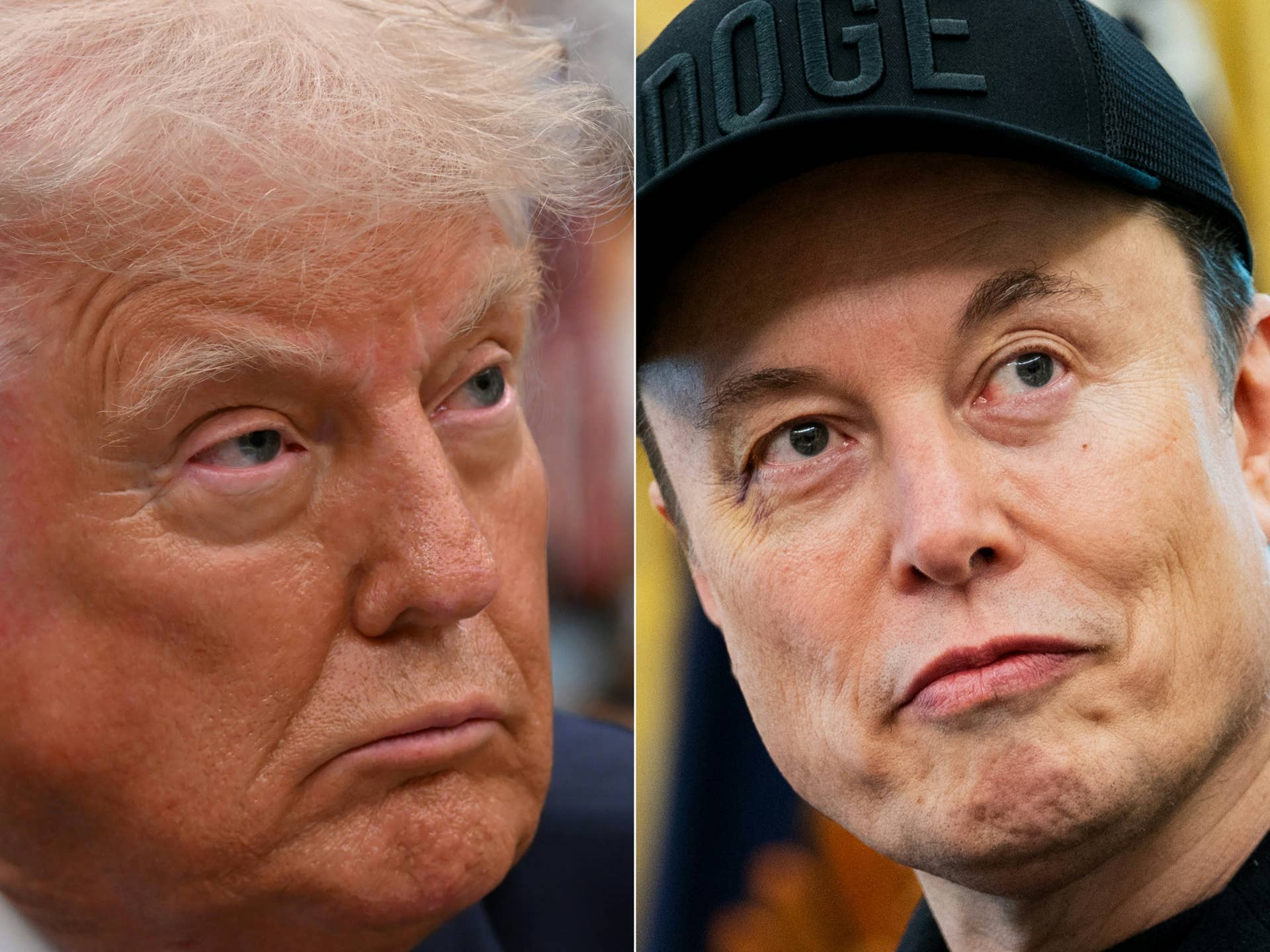 (COMBO) This combination of pictures created on June 5, 2025 shows US President Donald Trump in the Oval Office of the White House, in Washington, DC, on May 5, 2025 and Elon Musk in the Oval Office of the White House in Washington, DC, on May 30, 2025. President Donald Trump said on June 5, 2025, that he asked 
