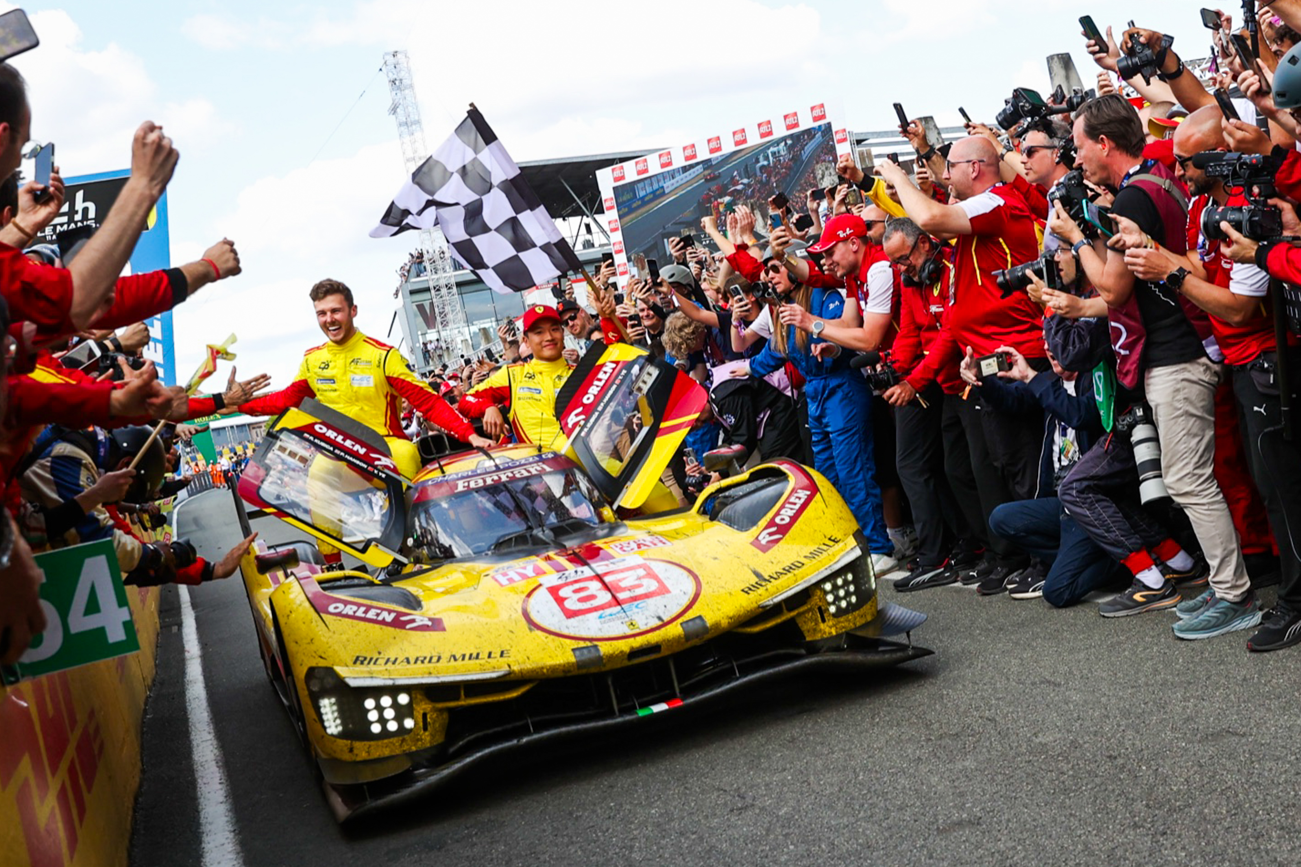 Af Corse (83) Robert Kubica (POL), Yifei Ye (CHN), and Philip Hanson (GBR) win the race during the 24h of Le Mans at 24h Le Mans Circuit in Le Mans, France, on June 15, 2025. (Photo by Stefano Facchin/Alessio Morgese /NurPhoto via Getty Images)