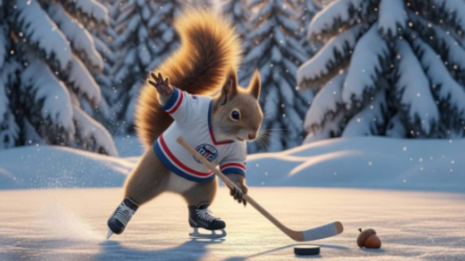 Earny the Squirrel Plays Hockey in the Snow