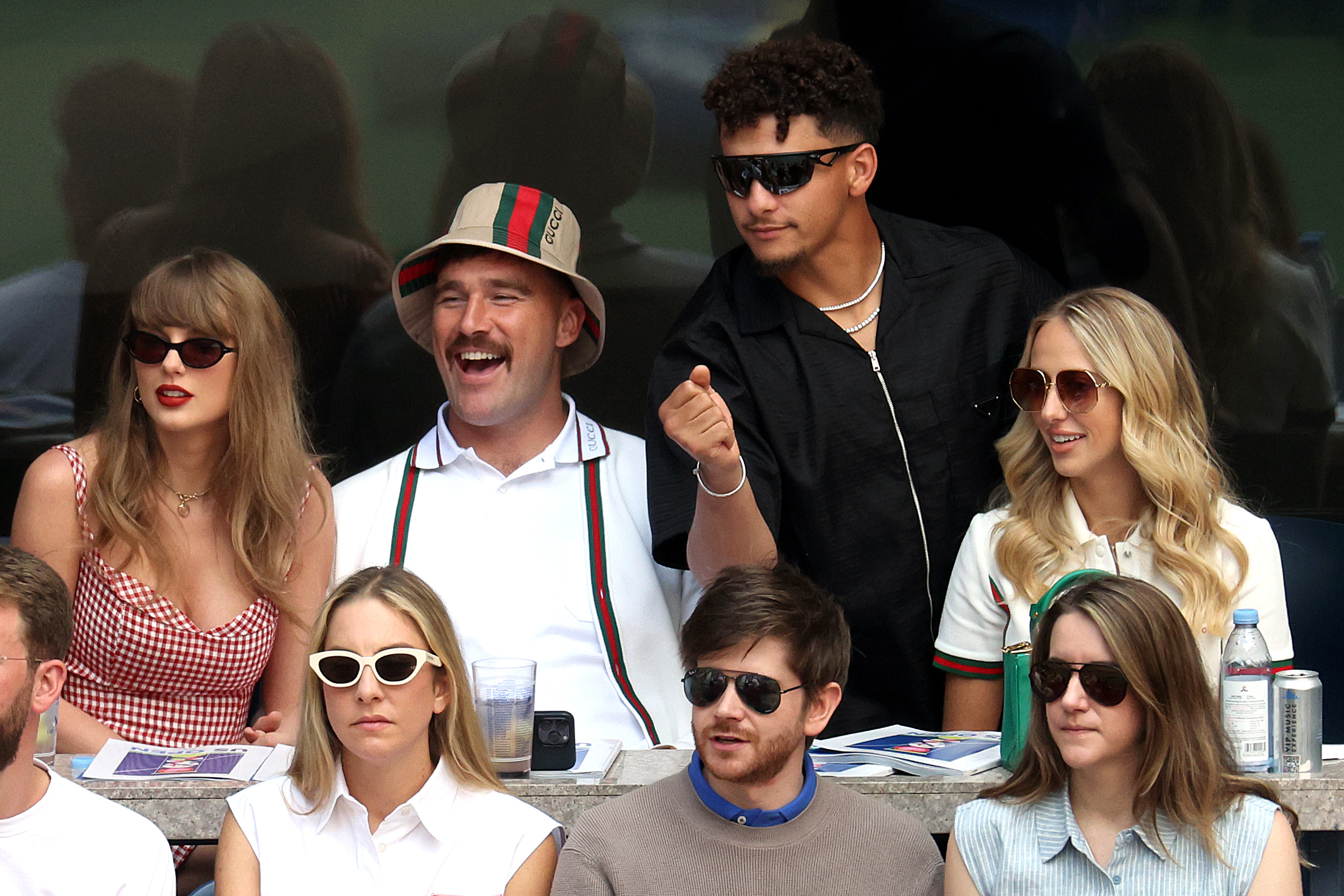 NEW YORK, NEW YORK - SEPTEMBER 08:  Singer-songwriter Taylor Swift, Travis Kelce and Patrick Mahomes of the Kansas City Chiefs and Brittany Mahomes attend the Men's Singles Final match between Taylor Fritz of the United States and Jannik Sinner of Italy on Day Fourteen of the 2024 US Open at USTA Billie Jean King National Tennis Center on September 08, 2024 in the Flushing neighborhood of the Queens borough of New York City. (Photo by Jamie Squire/Getty Images)